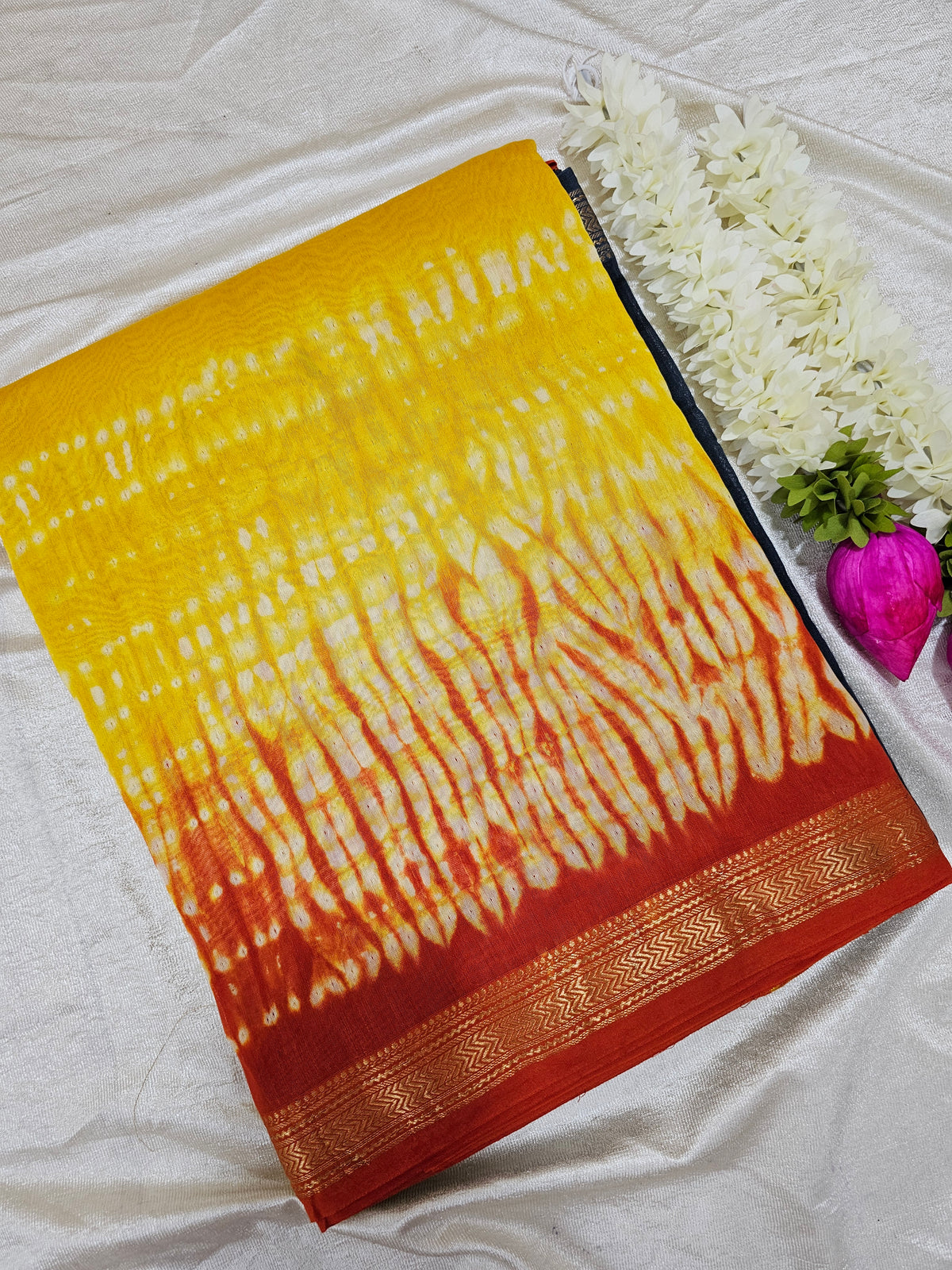 Maheshwari Silk Cotton Hand Block Printed Saree - Grey with Yellow