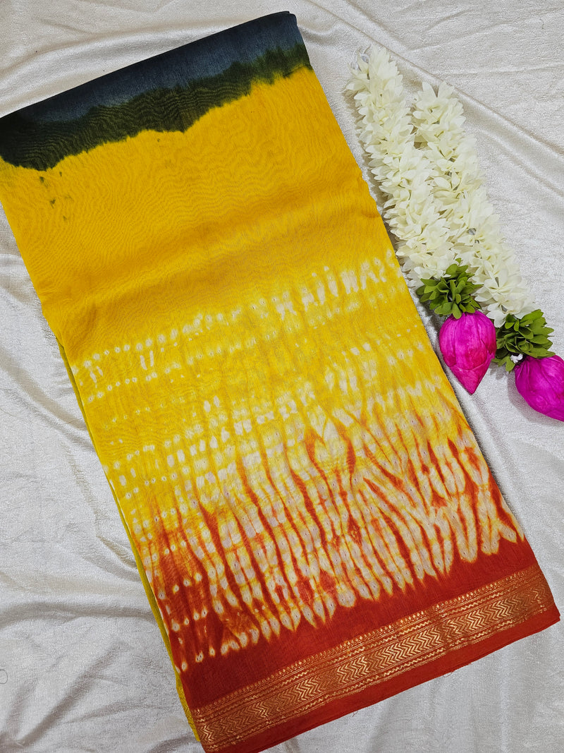 Maheshwari Silk Cotton Hand Block Printed Saree - Grey with Yellow