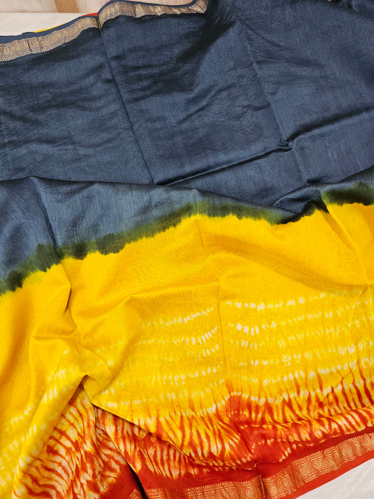 Maheshwari Silk Cotton Hand Block Printed Saree - Grey with Yellow