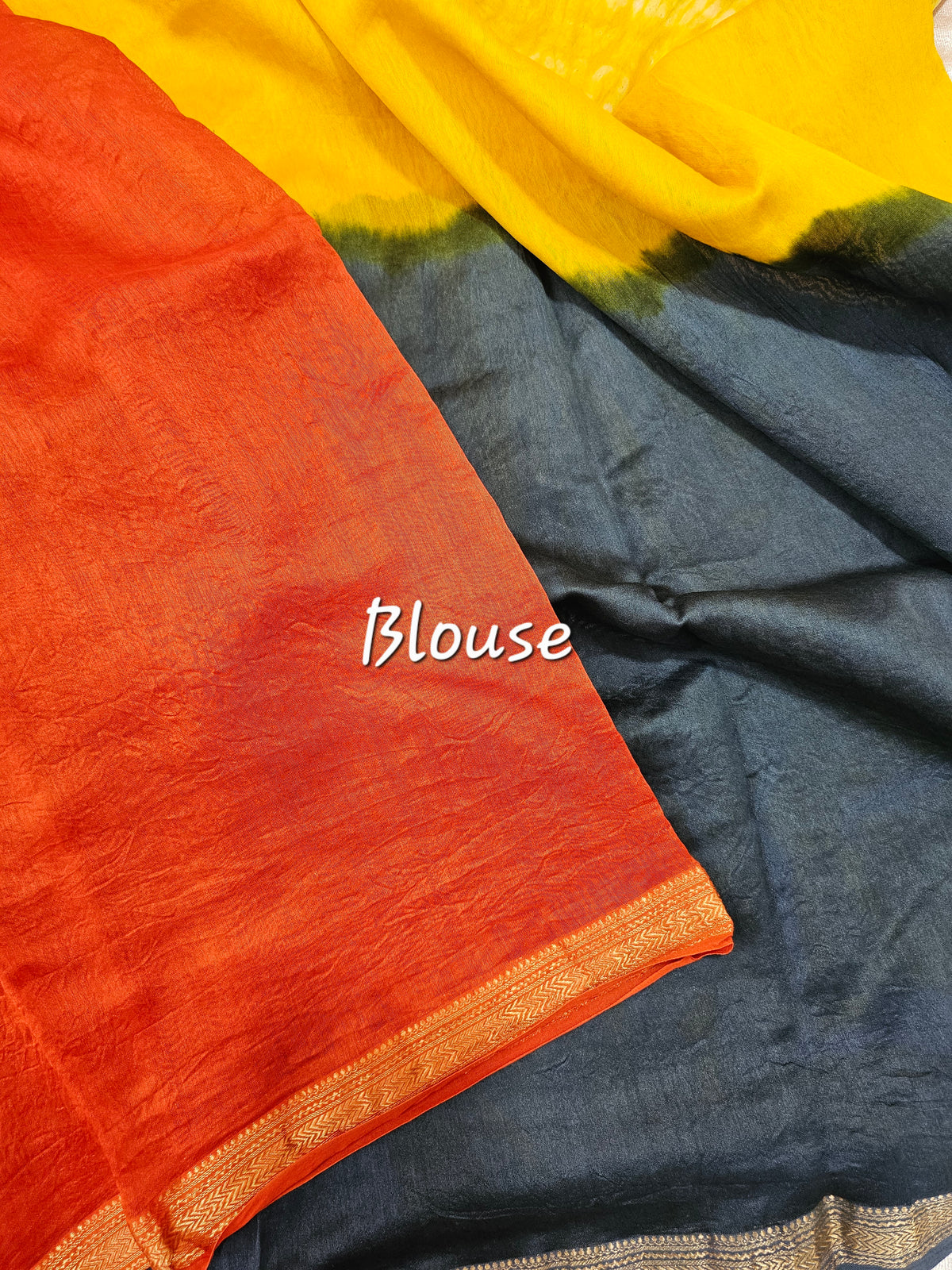 Maheshwari Silk Cotton Hand Block Printed Saree - Grey with Yellow