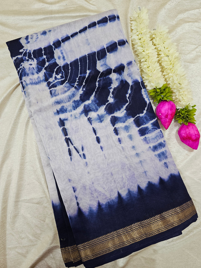 Maheshwari Silk Cotton Hand Block Printed Saree - Blue