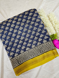 Maheshwari Silk Cotton Hand Block Printed Saree - Blue with Yellow