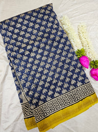 Maheshwari Silk Cotton Hand Block Printed Saree - Blue with Yellow