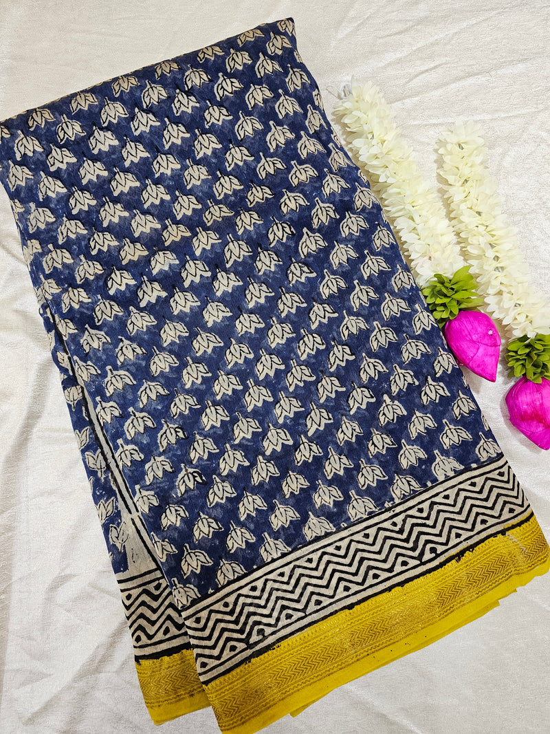 Maheshwari Silk Cotton Hand Block Printed Saree - Blue with Yellow