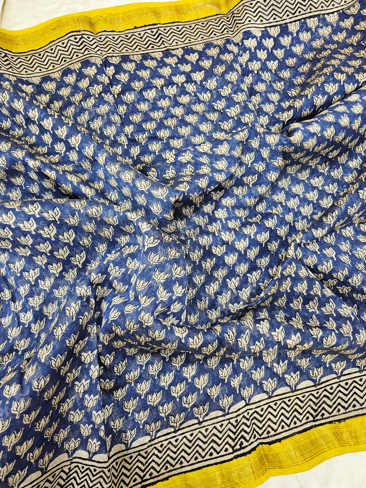 Maheshwari Silk Cotton Hand Block Printed Saree - Blue with Yellow