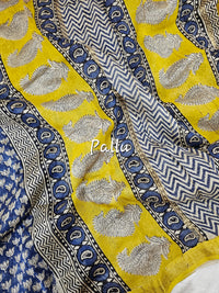 Maheshwari Silk Cotton Hand Block Printed Saree - Blue with Yellow