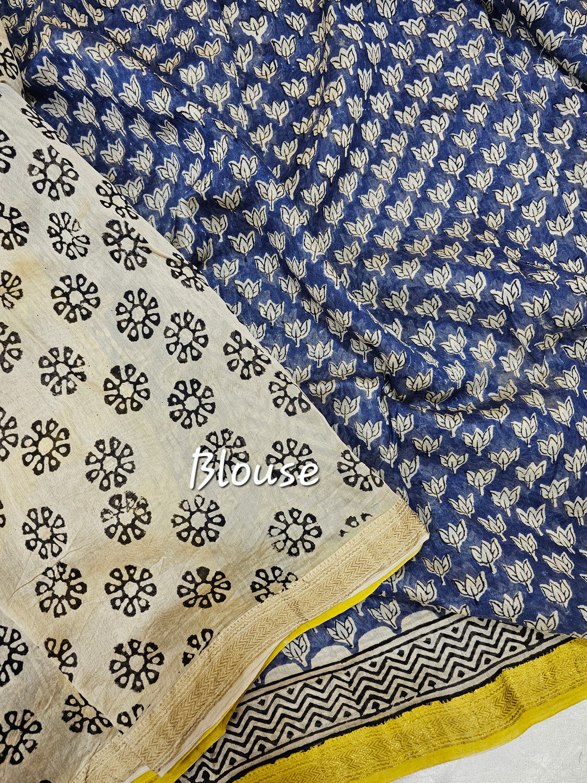 Maheshwari Silk Cotton Hand Block Printed Saree - Blue with Yellow