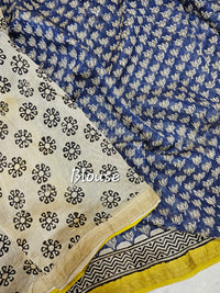 Maheshwari Silk Cotton Hand Block Printed Saree - Blue with Yellow