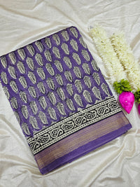 Maheshwari Silk Cotton Hand Block Printed Saree - Purple