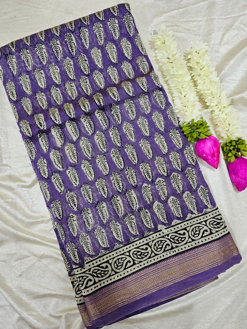 Maheshwari Silk Cotton Hand Block Printed Saree - Purple