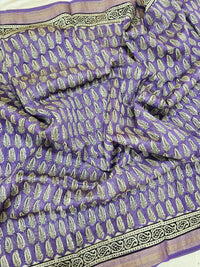Maheshwari Silk Cotton Hand Block Printed Saree - Purple
