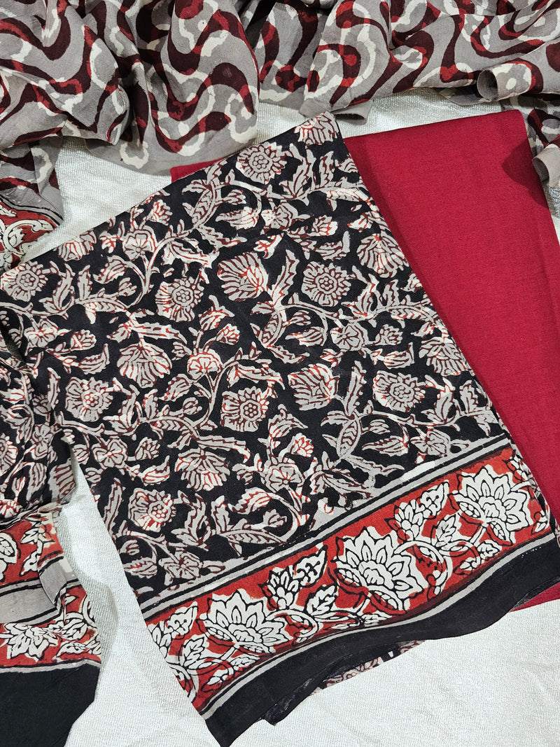 Modal Silk Unstitched Salwar Suit  - Black and Maroon