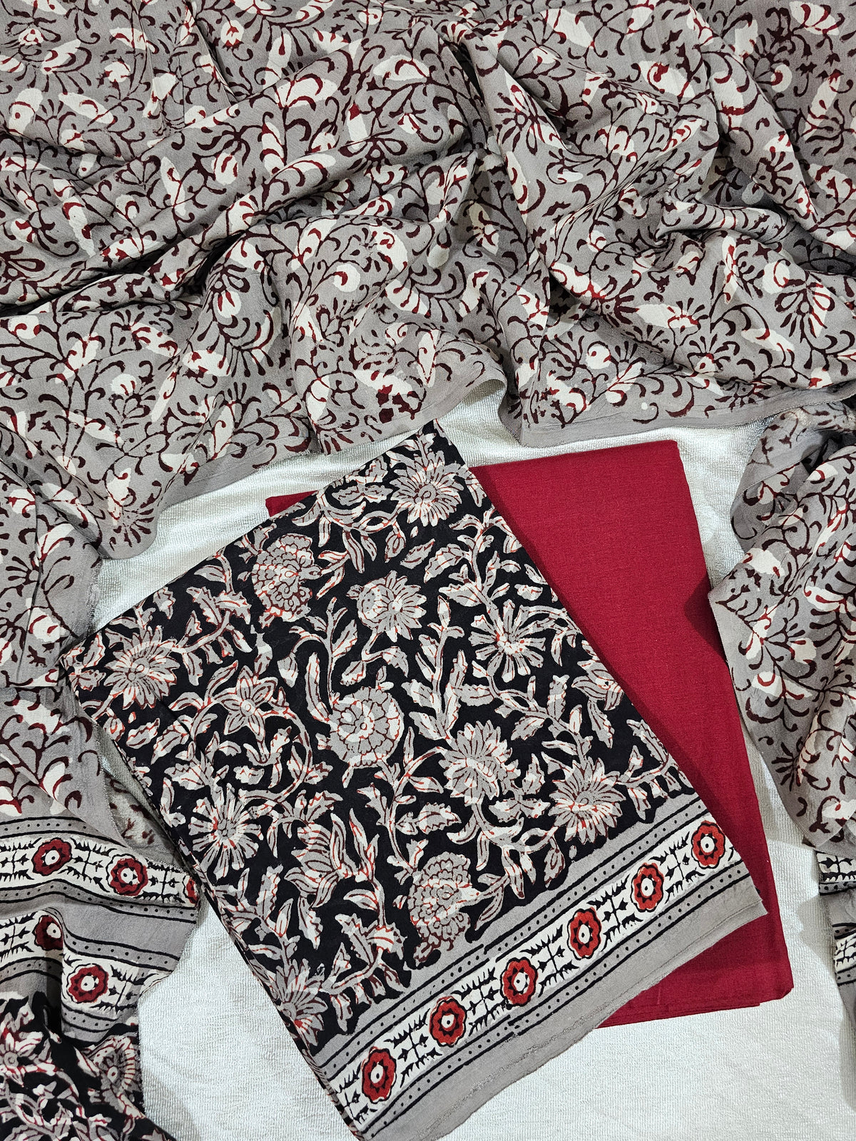 Modal Silk Unstitched Salwar Suit  - Black and Maroon