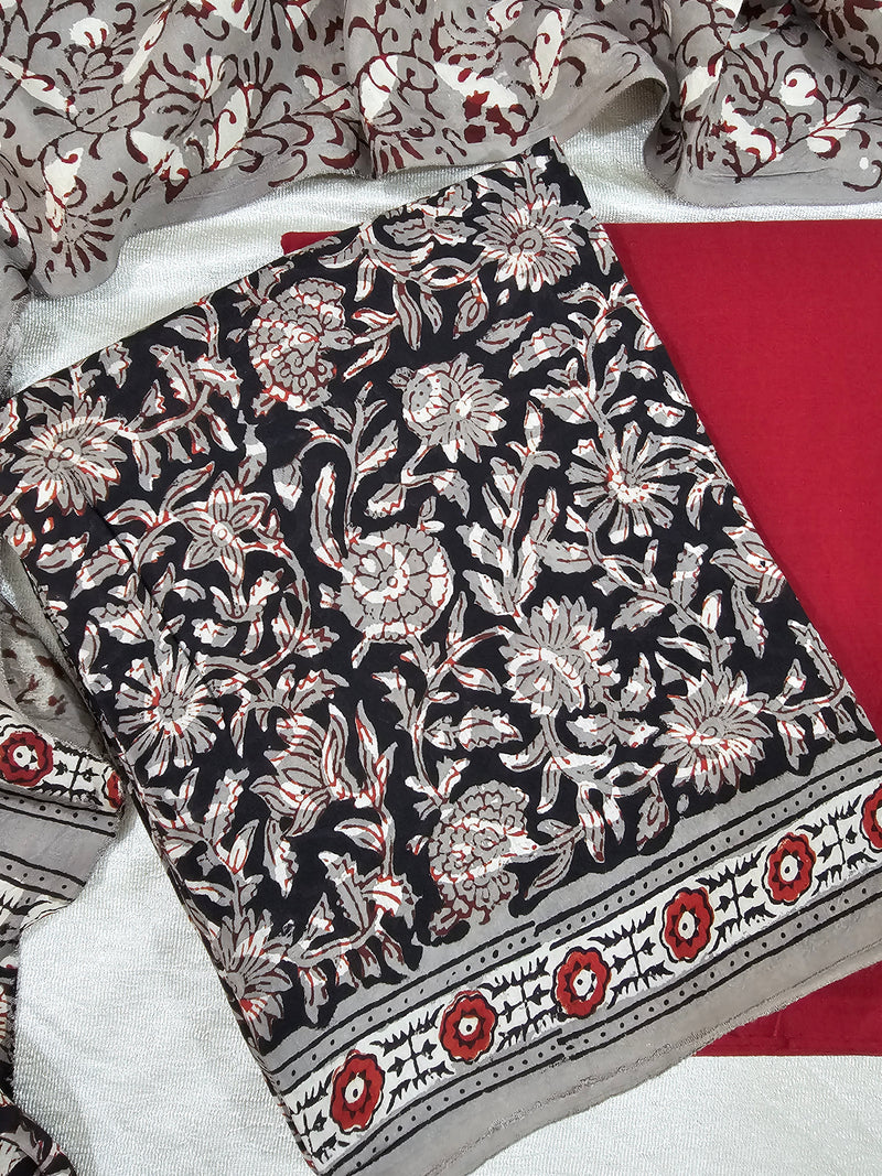 Modal Silk Unstitched Salwar Suit  - Black and Maroon