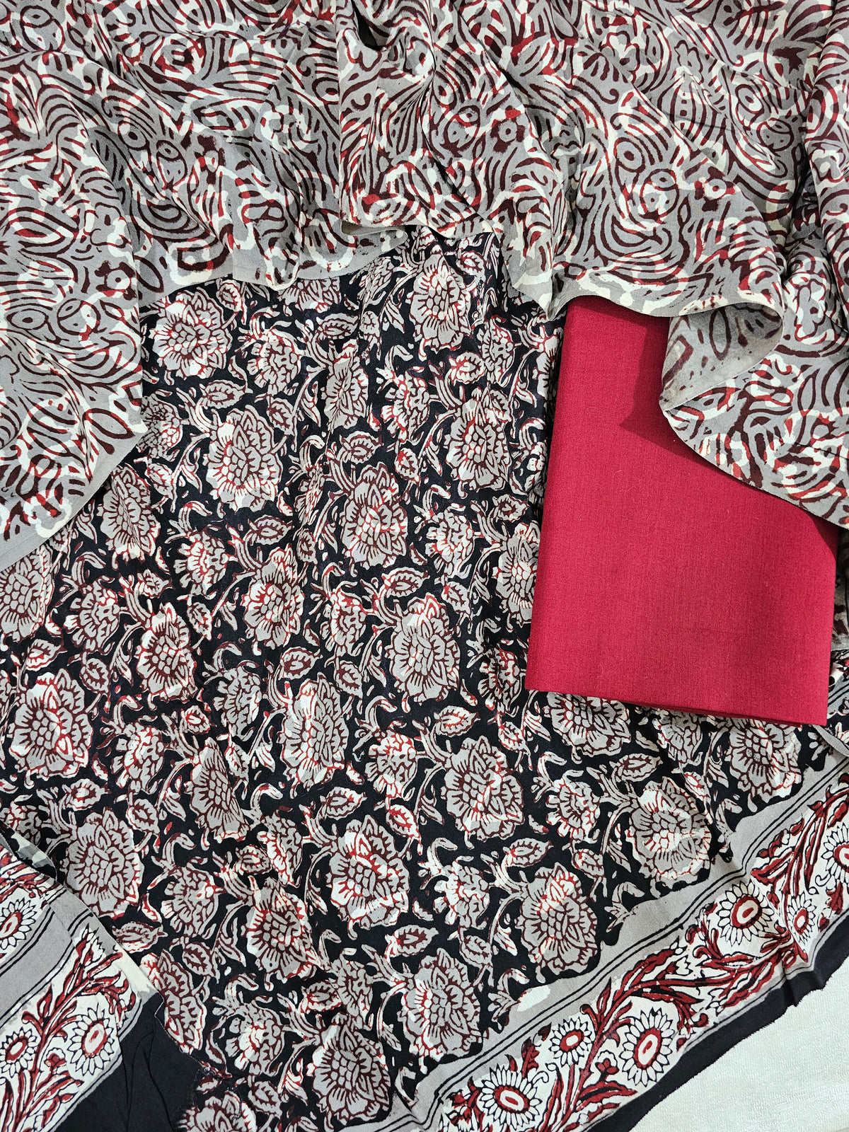 Modal Silk Unstitched Salwar Suit  - Black and Maroon