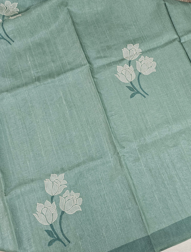 Soft Semi Tussar with Floral Digital Prints Emboridery - Blue
