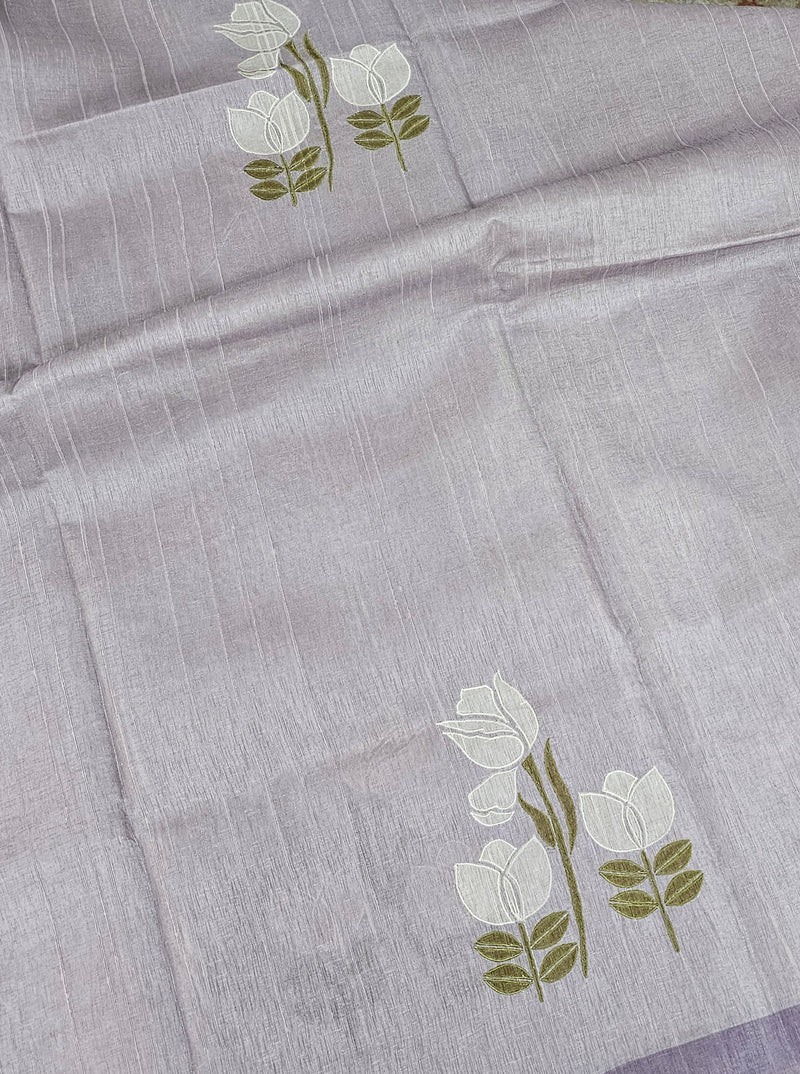 Soft Semi Tussar with Floral Digital Prints Emboridery - Purple