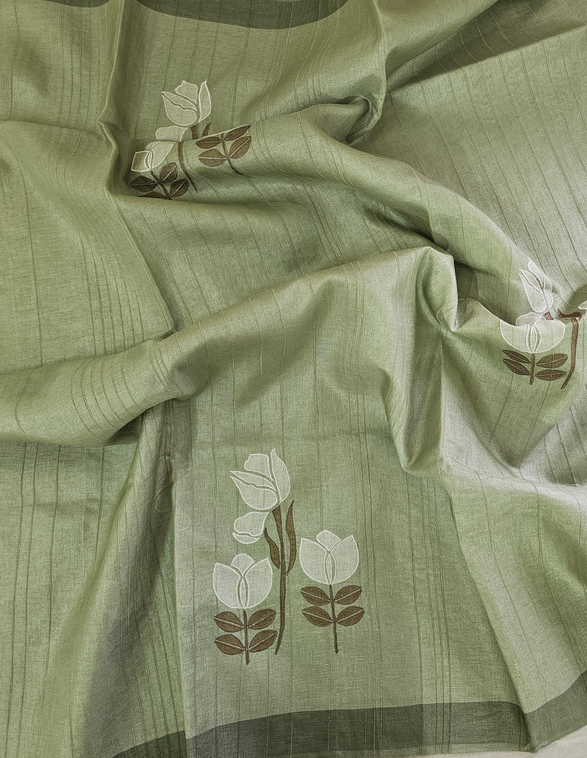 Soft Semi Tussar with Floral Digital Prints Emboridery - Green