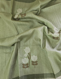 Soft Semi Tussar with Floral Digital Prints Emboridery - Green