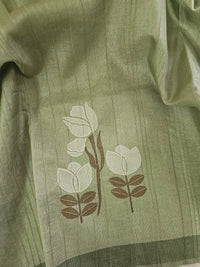 Soft Semi Tussar with Floral Digital Prints Emboridery - Green