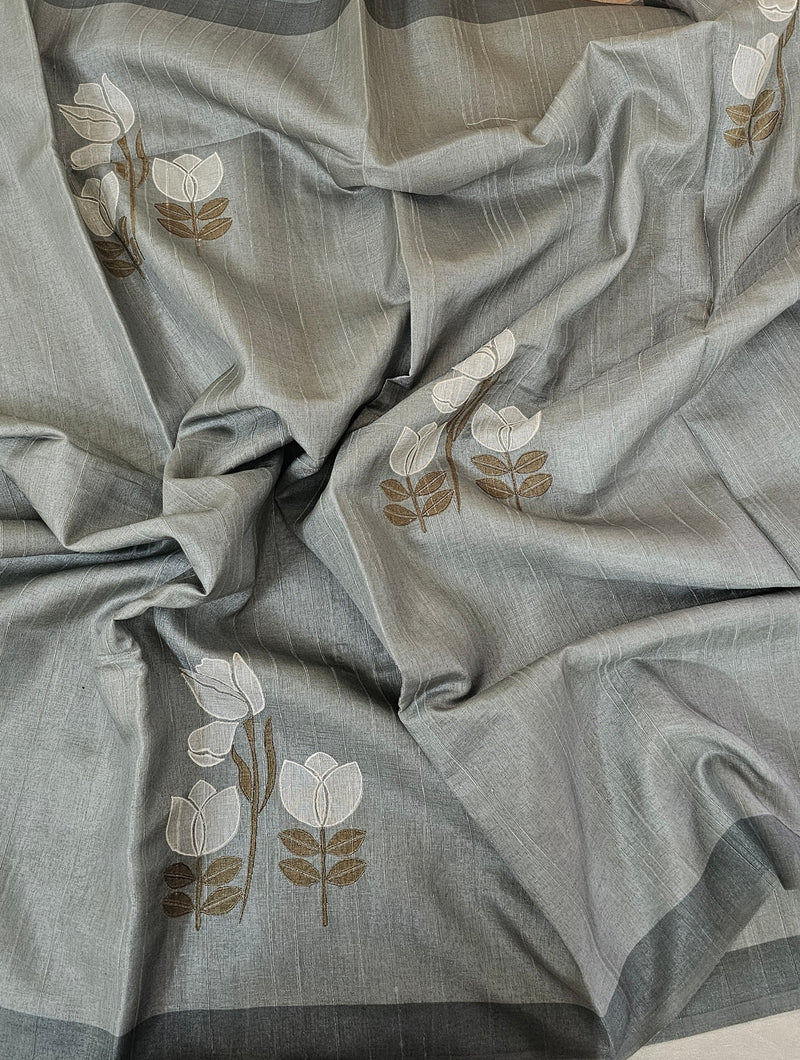 Soft Semi Tussar with Floral Digital Prints Emboridery - Grey