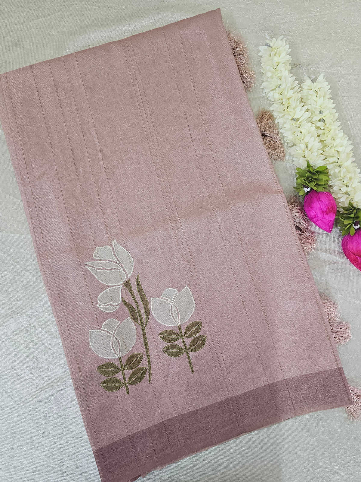 Soft Semi Tussar with Floral Digital Prints Emboridery - Pink