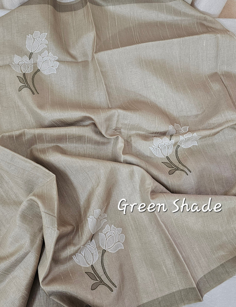 Soft Semi Tussar with Floral Digital Prints Emboridery - Green
