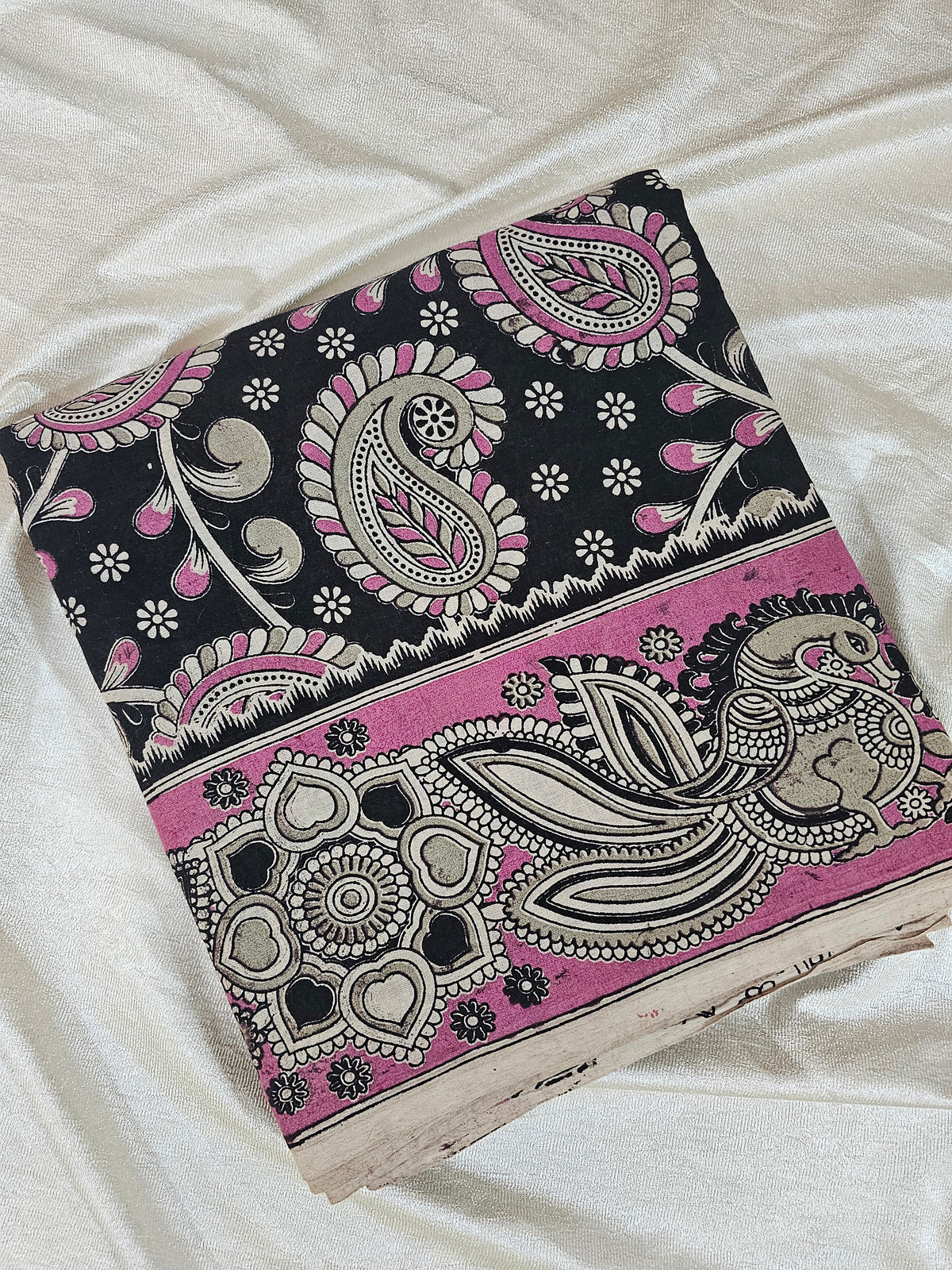 Cotton Kalamkari Saree - Black with Pink