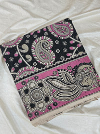 Cotton Kalamkari Saree - Black with Pink