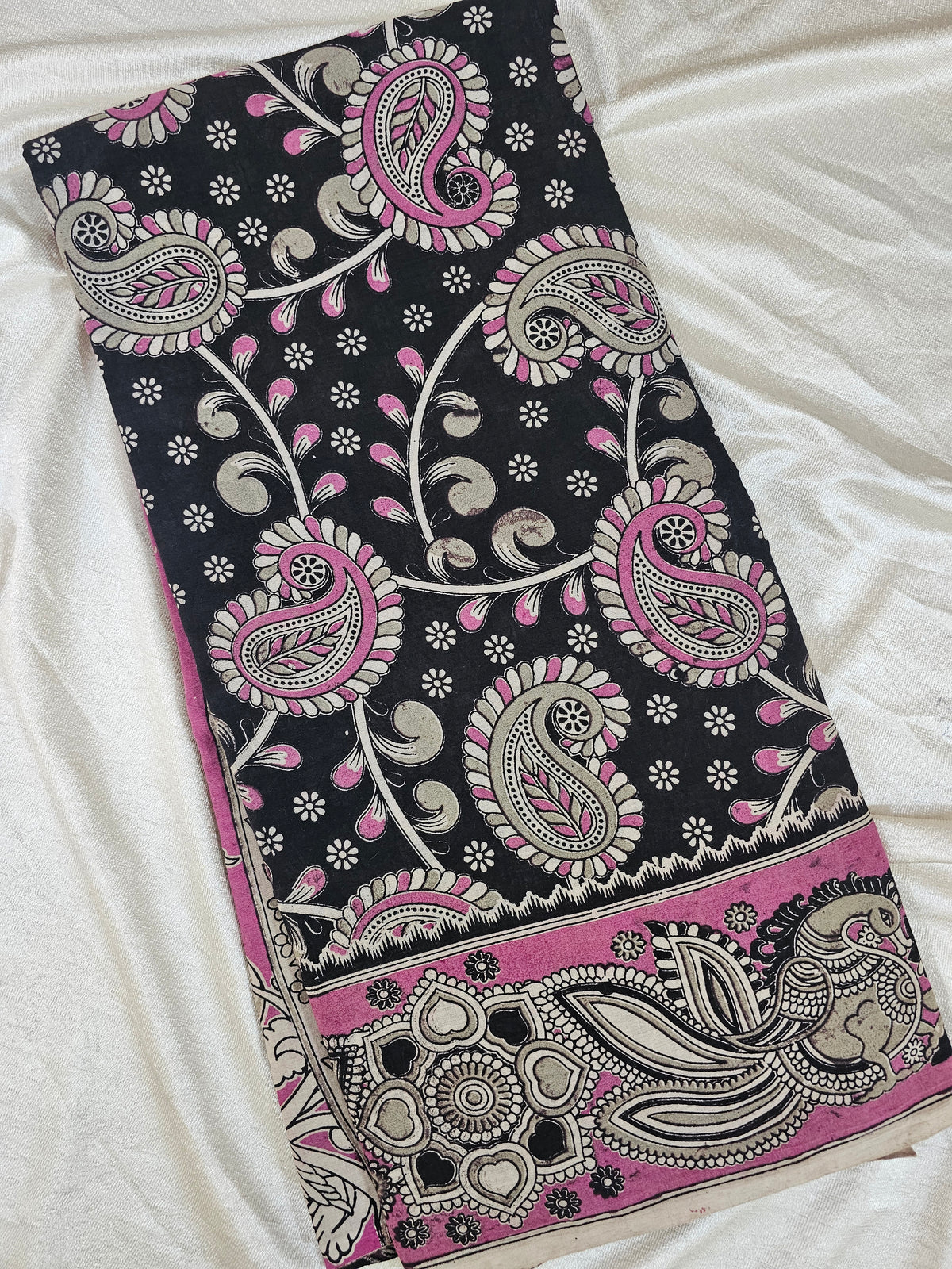 Cotton Kalamkari Saree - Black with Pink