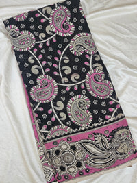 Cotton Kalamkari Saree - Black with Pink