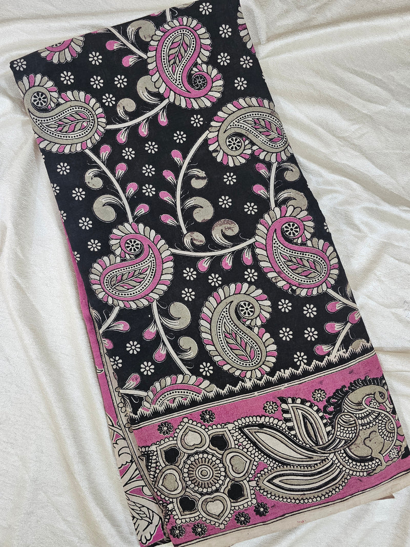 Cotton Kalamkari Saree - Black with Pink