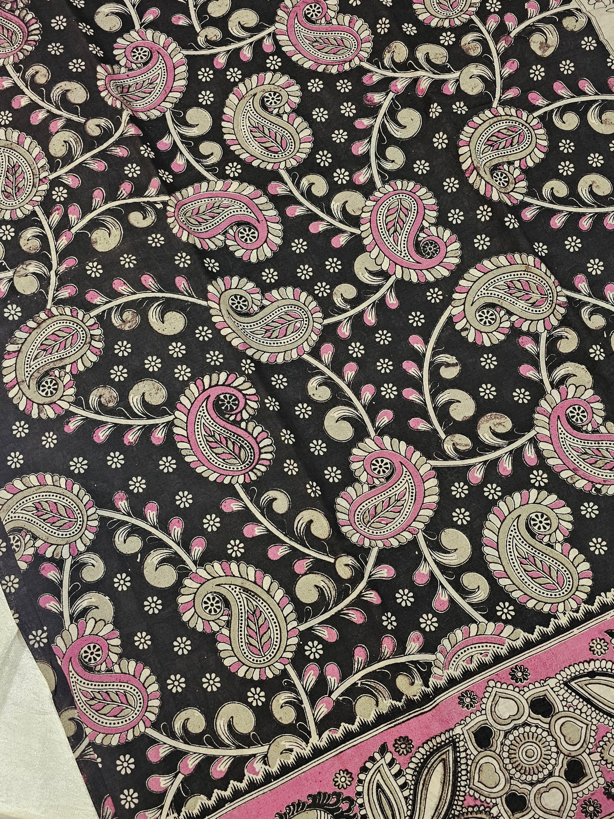 Cotton Kalamkari Saree - Black with Pink