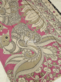 Cotton Kalamkari Saree - Black with Pink