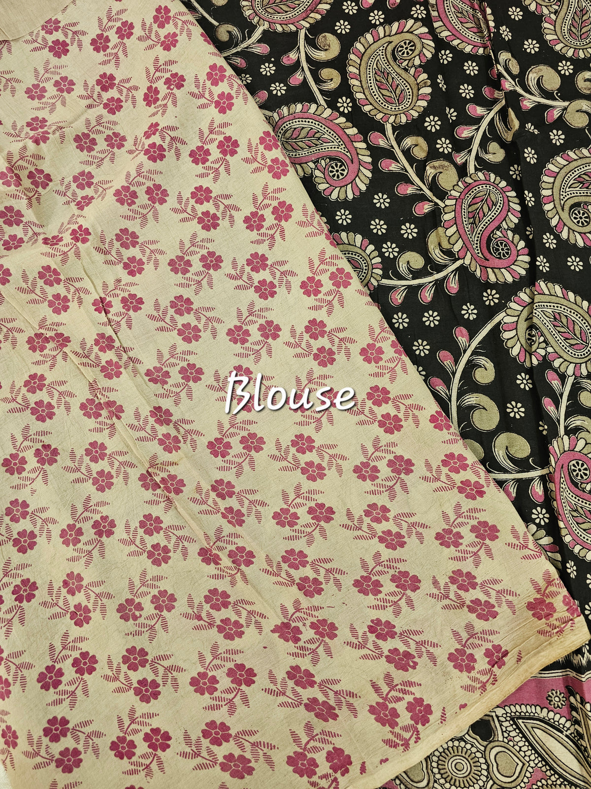 Cotton Kalamkari Saree - Black with Pink