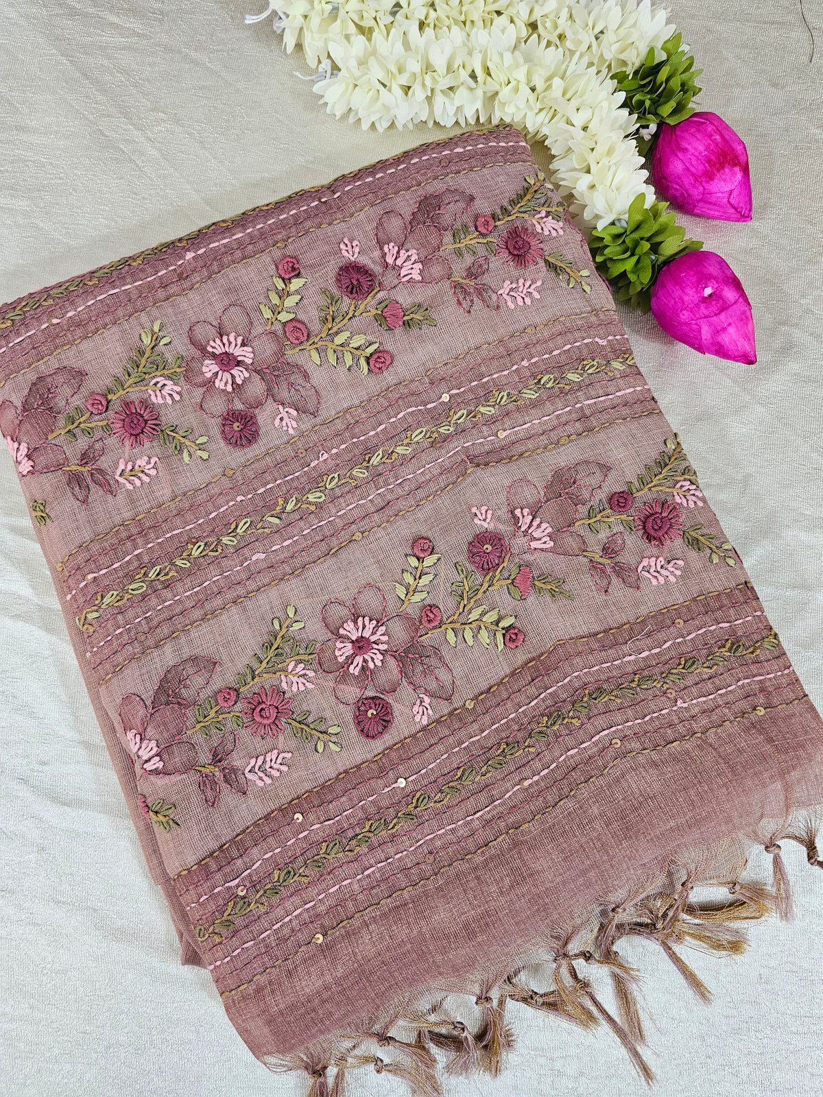 Linen Tissue with French Knot Work - Pink
