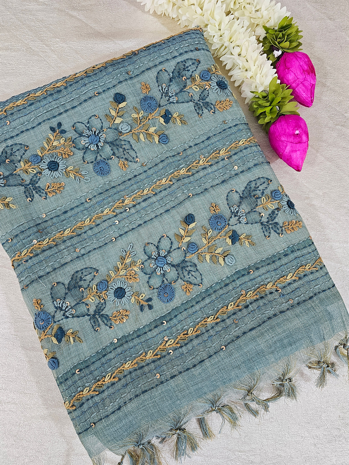 Linen Tissue with French Knot Work - Blue