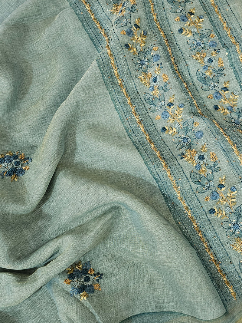 Linen Tissue with French Knot Work - Blue