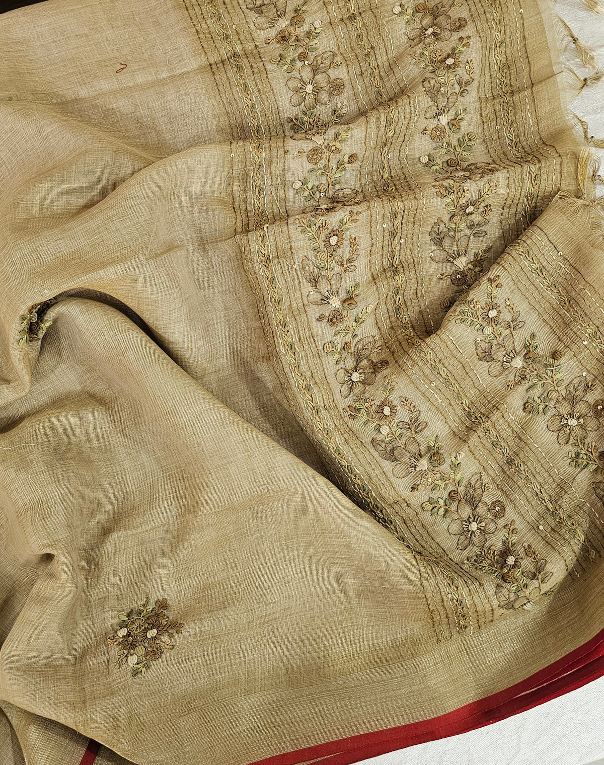 Linen Tissue with French Knot Work - Olive Green