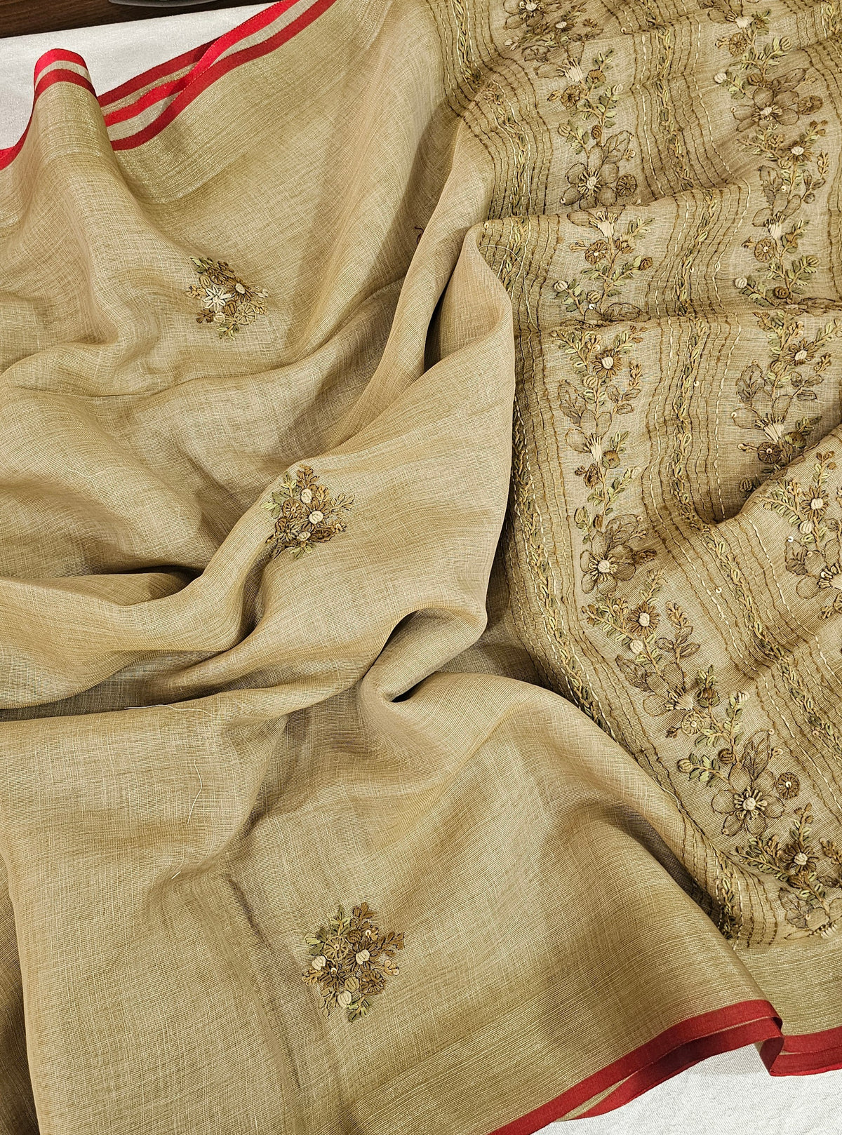 Linen Tissue with French Knot Work - Olive Green