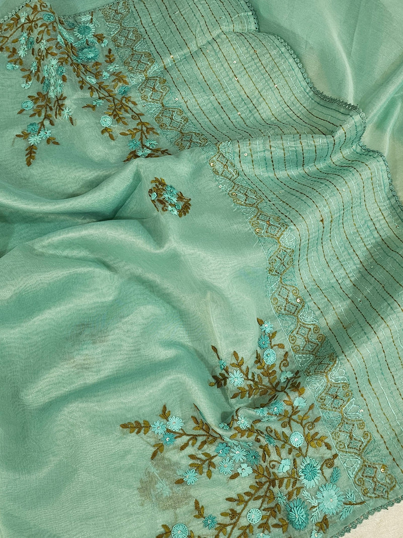 Soft Organza Tissue with French Knot Work - Blue