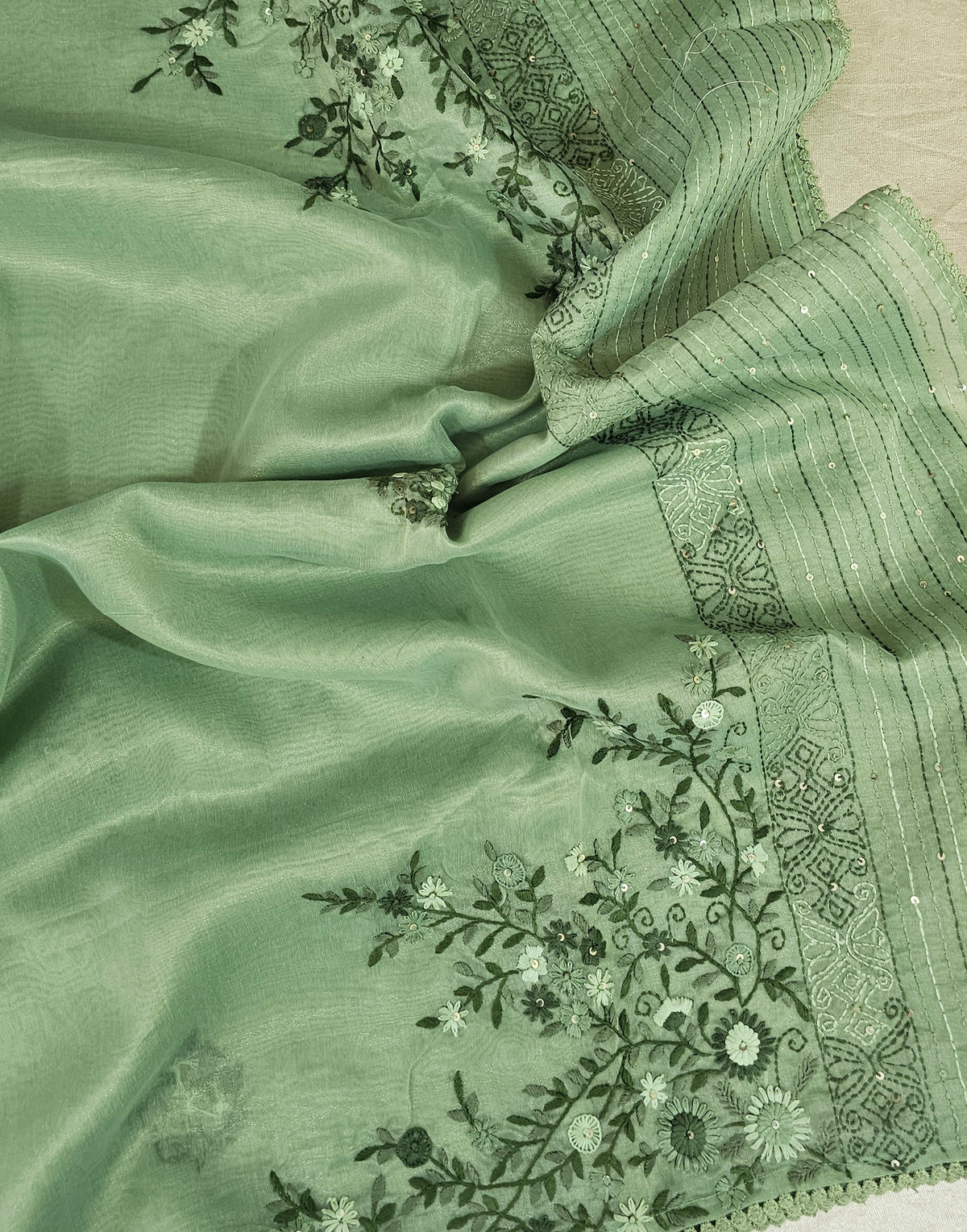 Soft Organza Tissue with French Knot Work - Green