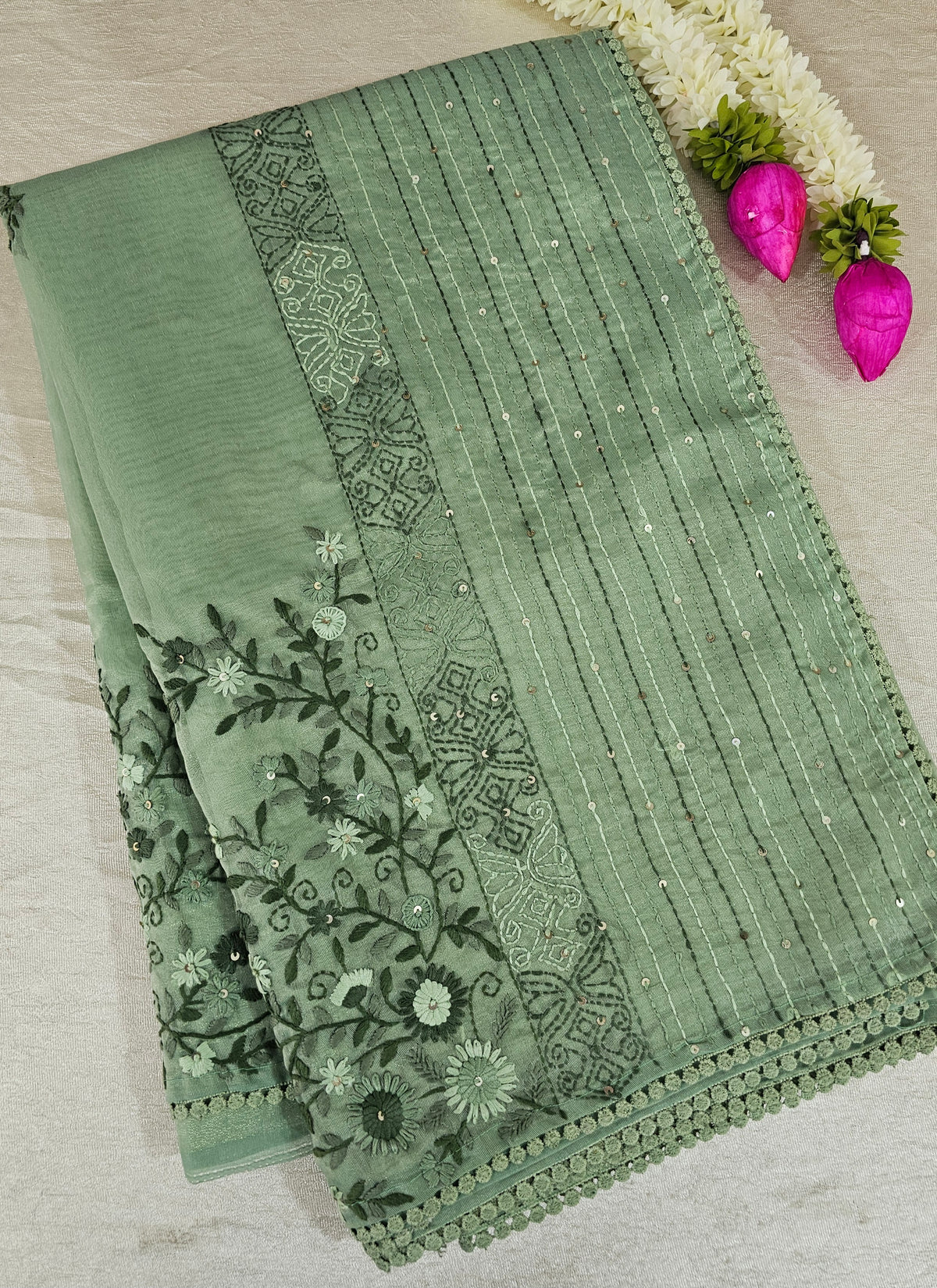 Soft Organza Tissue with French Knot Work - Green