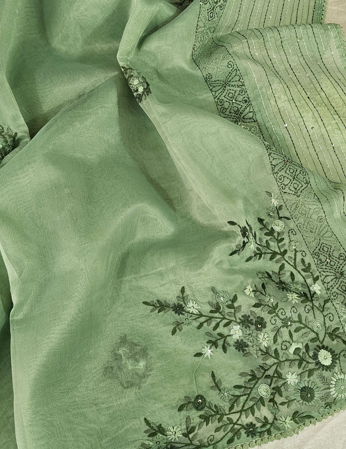 Soft Organza Tissue with French Knot Work - Green