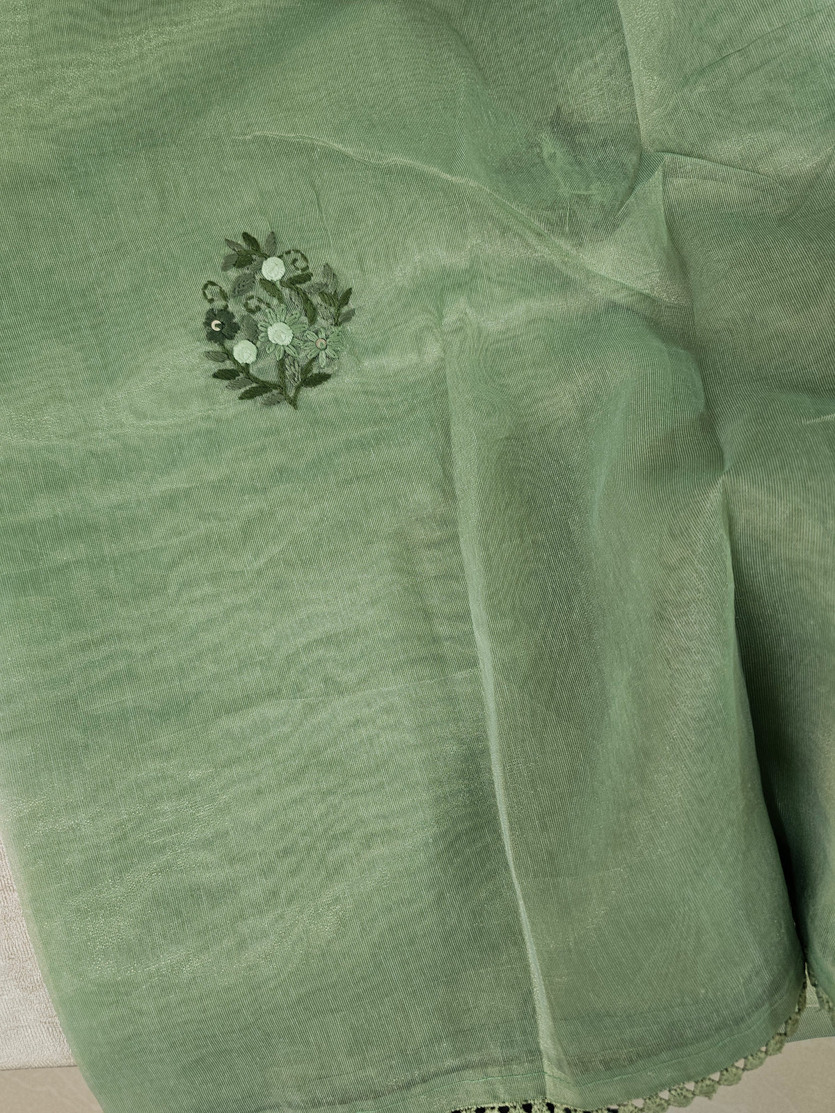 Soft Organza Tissue with French Knot Work - Green