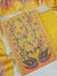 Chanderi Unstitched Salwar -  Mango Yellow with Peach