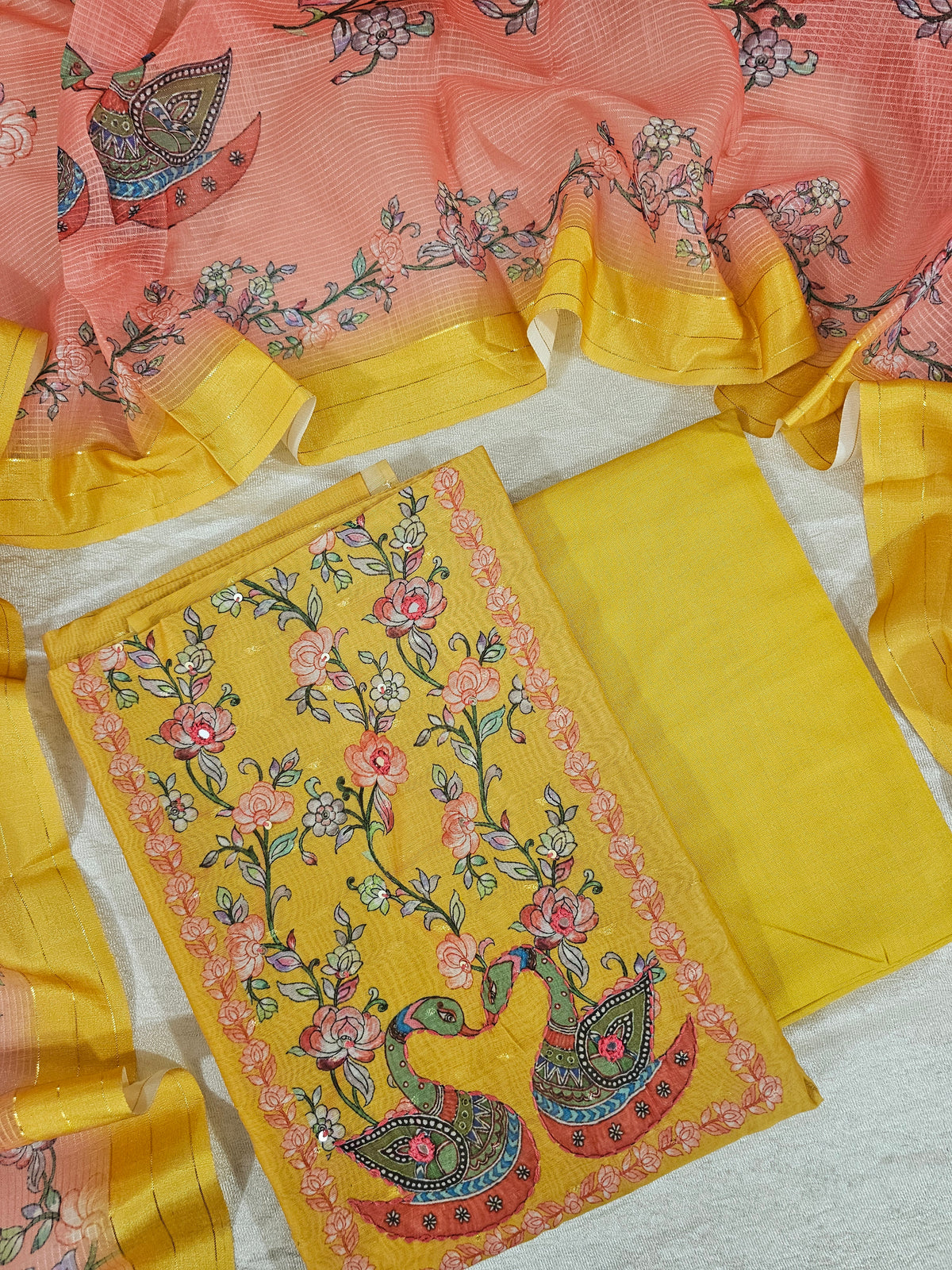 Chanderi Unstitched Salwar -  Mango Yellow with Peach