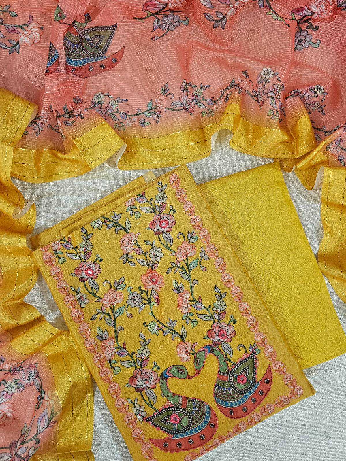 Chanderi Unstitched Salwar -  Mango Yellow with Peach