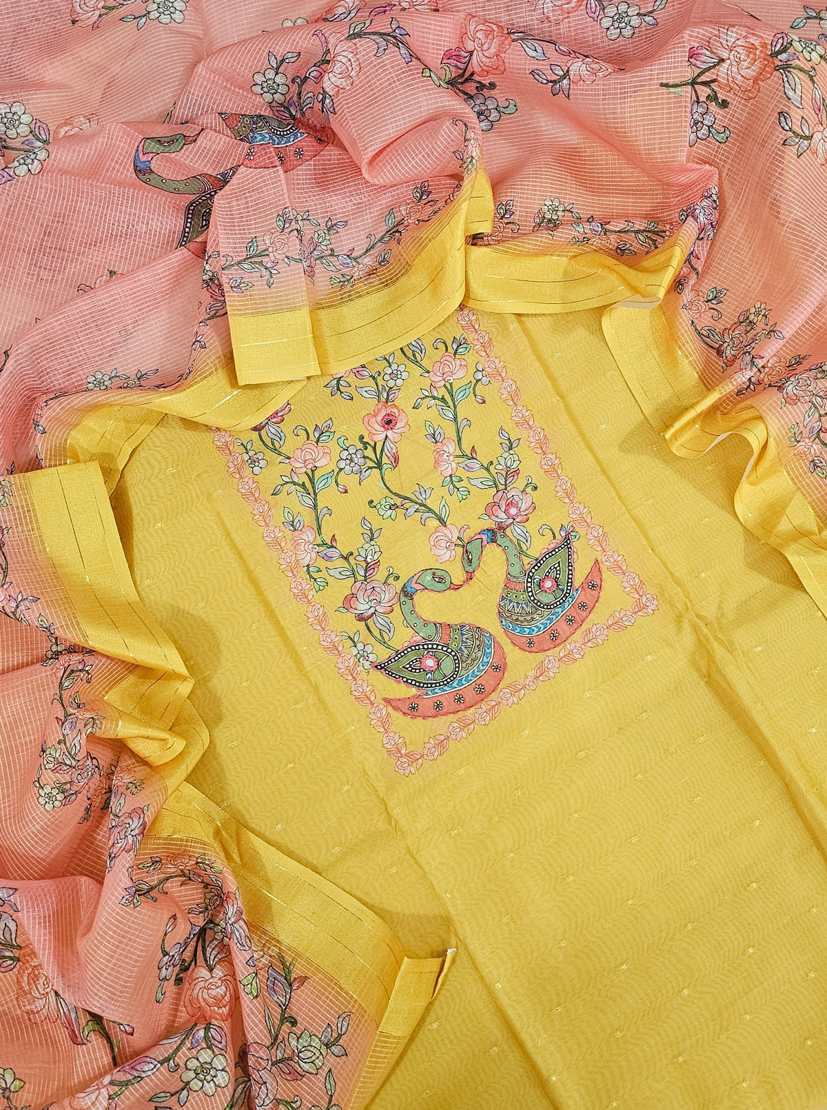 Chanderi Unstitched Salwar -  Mango Yellow with Peach