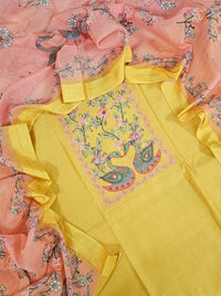 Chanderi Unstitched Salwar -  Mango Yellow with Peach